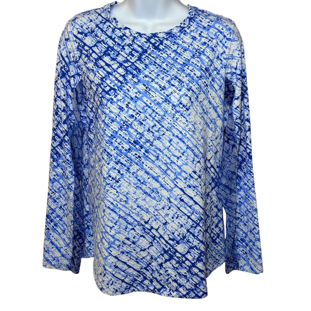 IBKUL Womens Medium Blue White Abstract Print Sun Shirt Long Sleeve Top Crewneck